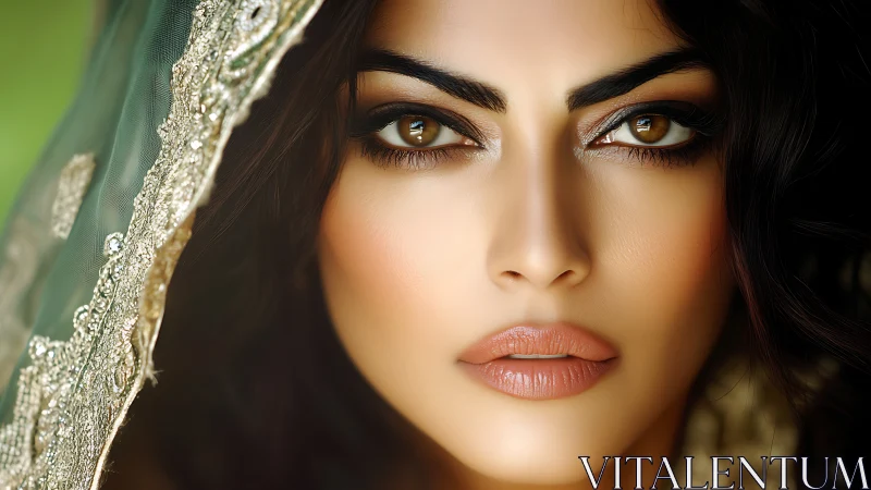 Close-up digital portrait of woman with embroidered veil.