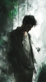 Solitary man stands in muted green and white abstract space