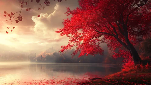 Red-leaved tree beside misty lake under soft clouded sky.