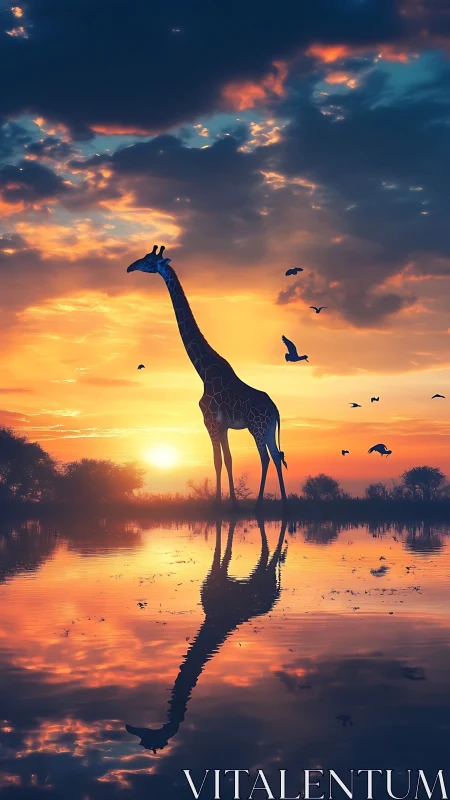 Digital painting of giraffe silhouette in mirrored sunset wetland.