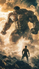 Digital painting of titan-scale hero confrontation in surfstorm.