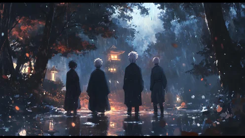 Anime night forest tableau with robed figures and lantern lit shrine.