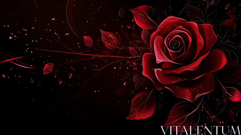 Digital render of red rose with particle effects on black background