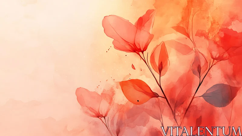 Gentle red leaves glowing softly in warm watercolor light.