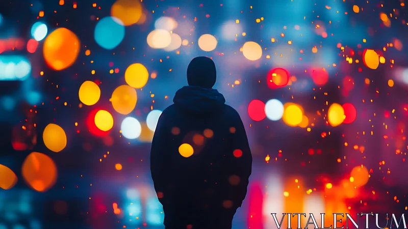 Silhouetted figure stands before defocused urban night lights
