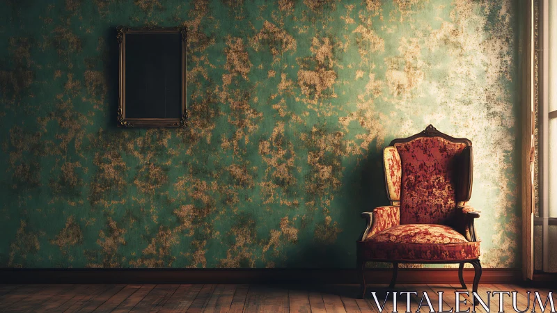 Vintage velvet armchair beside ornate empty frame in moody light