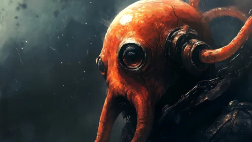 Bio-mechanical cephalopod entity with corroded cybernetic rigging.