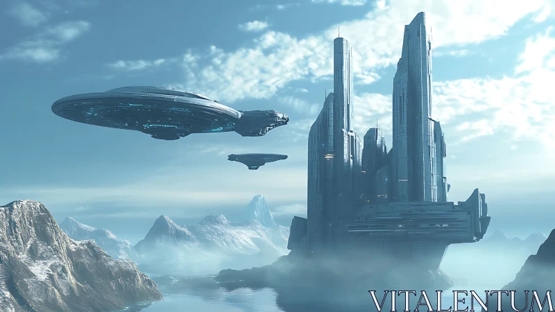 Calm starport skyline over misty alpine waters.