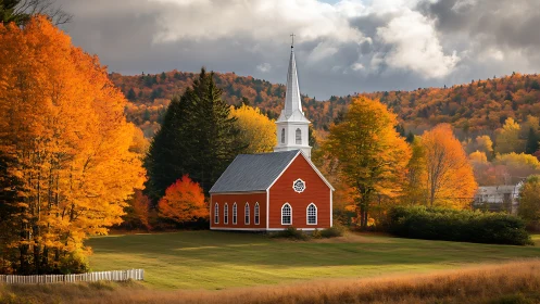 Red country church surrounded by bright autumn foliage.