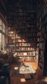 Sunlit private library corner glows with stacked books.
