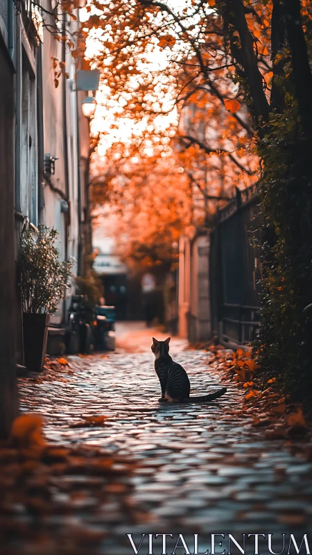Solitary Shadow: Black Cat Commands Autumn's Golden Alleyway
