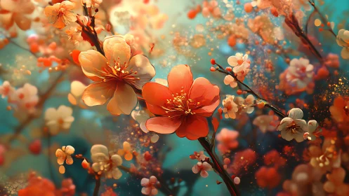 Cherry Blossoms in Turquoise: Luminous Floral Composition