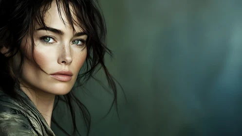 Calm green eyed woman gazes softly into a quiet distance