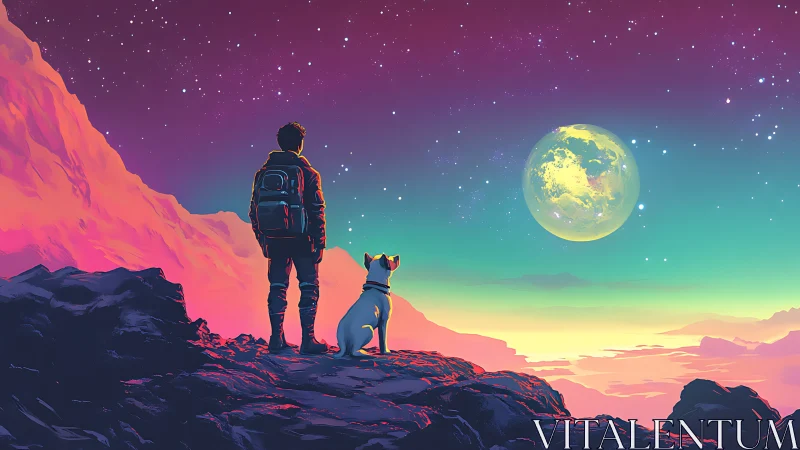 Stargazing traveler and dog beneath neon alien moon.
