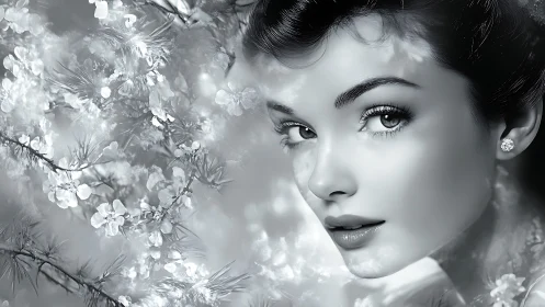 Monochrome woman portrait framed by soft floral branches.