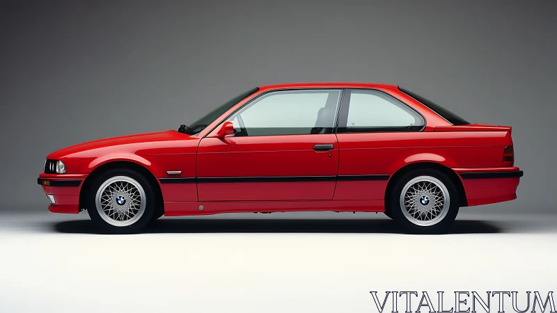 Red BMW E36 coupe profile showcases classic sports design.