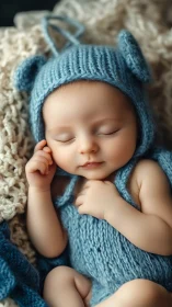 Serene Newborn Portrait in Teal Knit Bonnet and Textured Wrapping.