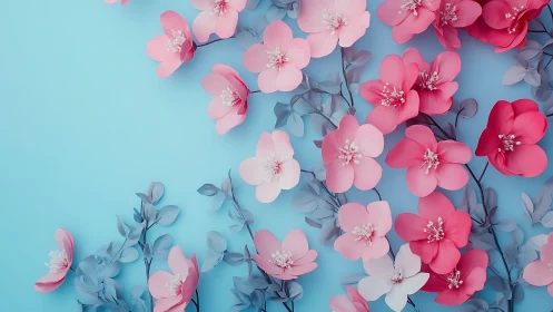 Layered Paper Flowers with Chromatic Depth on Matte Blue Base