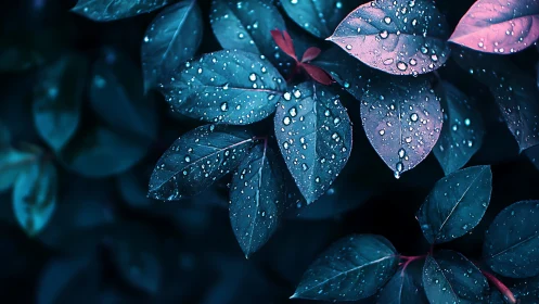 Raindrops on blue and magenta leaves under low light