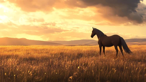 Horse stands in golden field under dramatic sunset sky