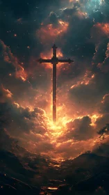 Radiant cross descends through blazing celestial storm