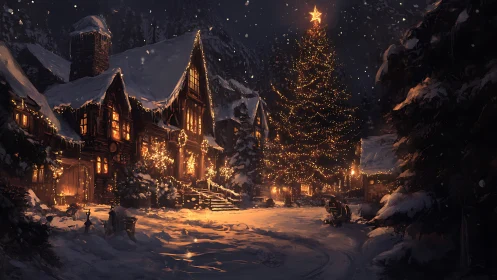 Snow-dusted village glows under a towering Christmas star