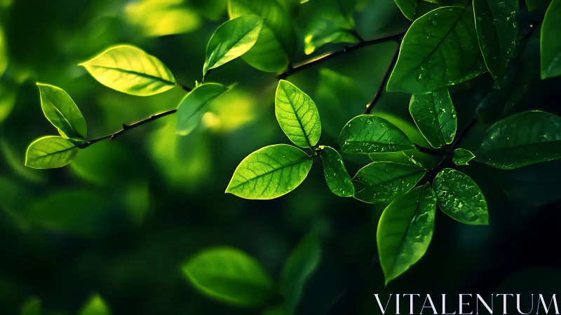 Backlit wet green leaves on branch with shallow depth of field