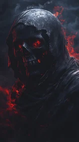 Volcanic wraith skull portrait with ember-lit fractured hood