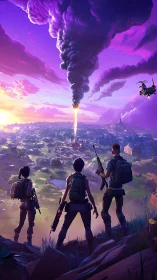 Three brave teammates watch a dramatic meteor strike at dusk