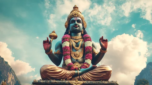 Large seated deity statue is rendered against a clouded sky