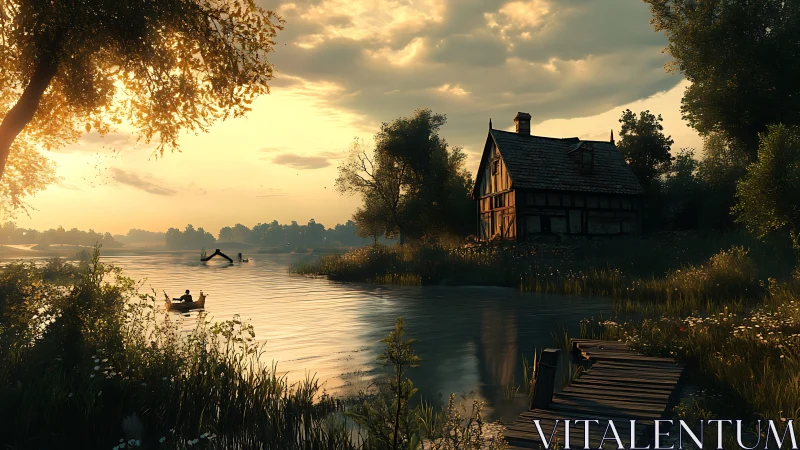 Riverside cottage dreams in molten sunset glow and hush.