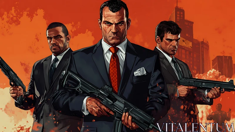 Stylish suited trio stand united in a bold urban showdown.