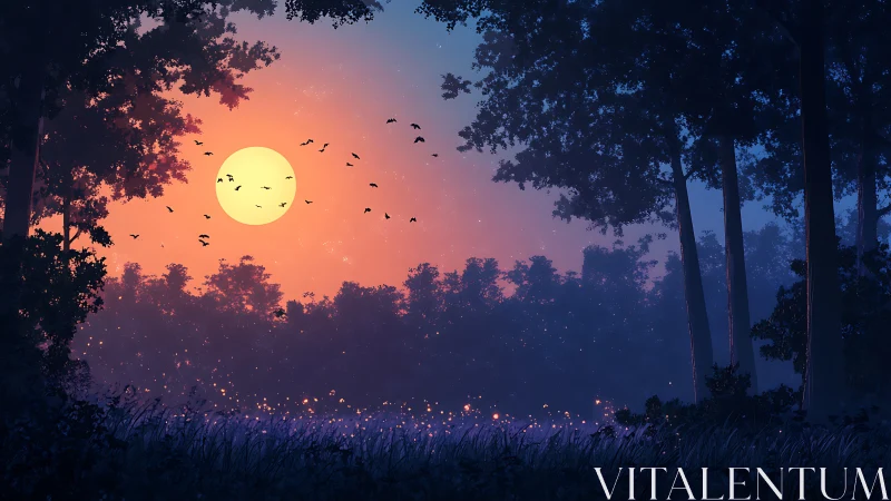 Sunset forest clearing shows silhouetted trees and bright sun