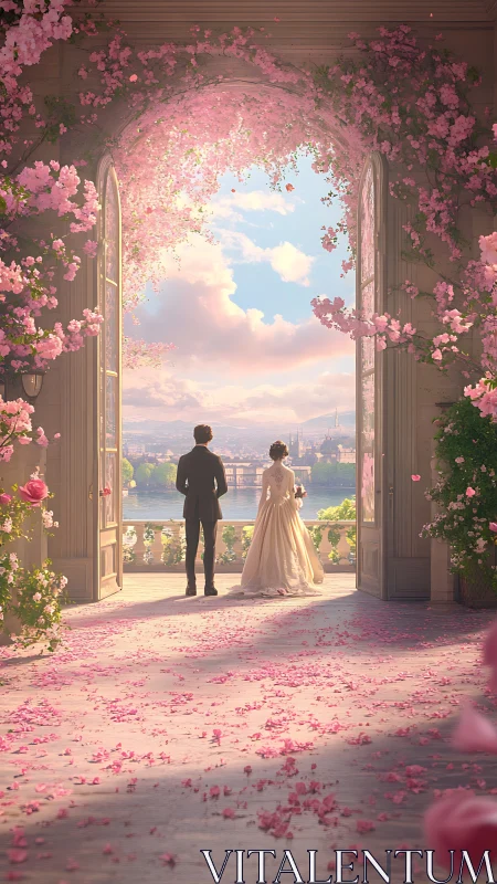 Couple standing in floral archway overlooking riverside city.