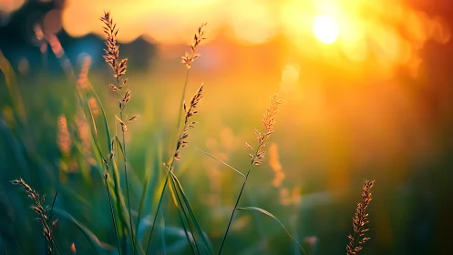 Backlit meadow grasses under vivid orange sunset bokeh.