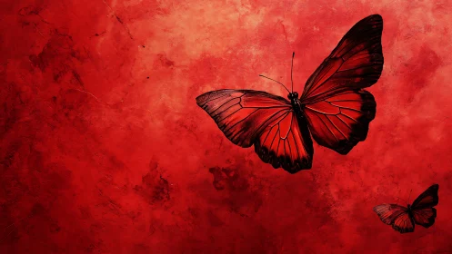 Crimson butterflies drift across a textured red sky