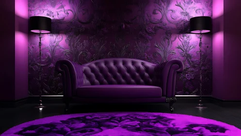 Purple tufted sofa in symmetric interior with lamps and rug.