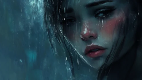 Melancholic female portrait rendered in moody blue rain