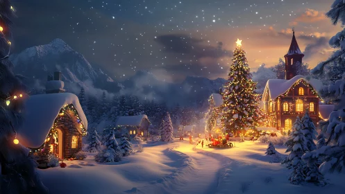 Snowy village Christmas tree glows under a starlit sky.