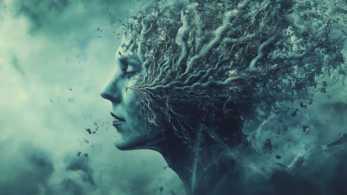 Side-profile humanoid merges into branching arboreal neural structure