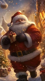 Joyful Santa strides through a glowing snowy village street.