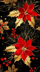 Red poinsettia pattern over black with metallic gold leaves.