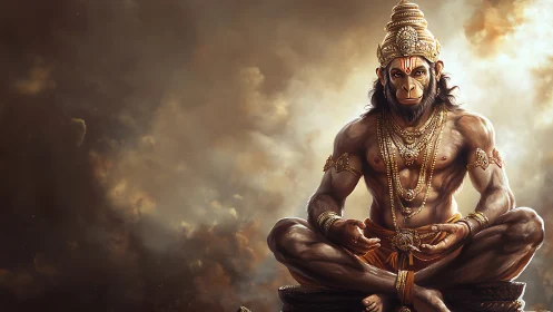 Mythic simian deity in meditative power posture rendering.