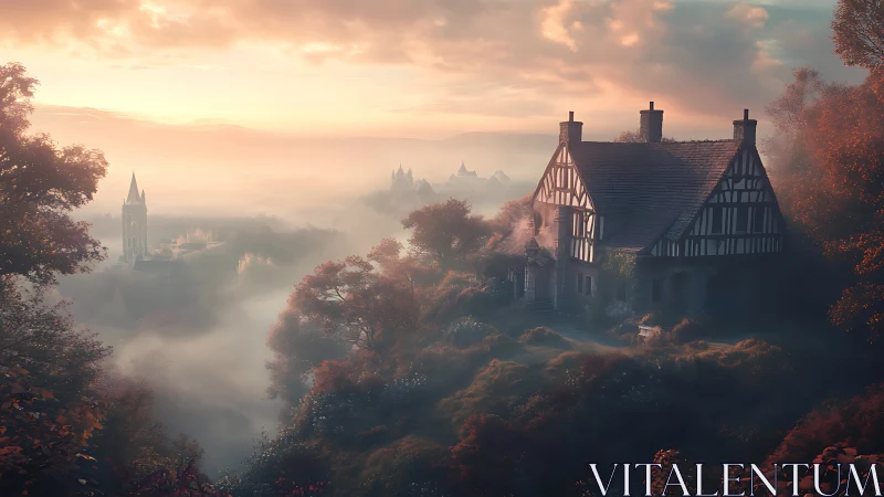 Timber-framed hillside house above misty valley at dawn.