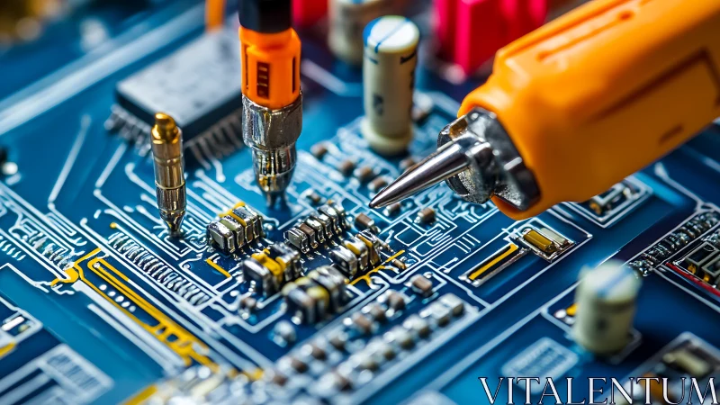 Soldering iron tip inspects detailed blue printed circuit board