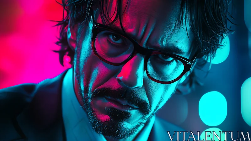 Neon side‑lit portrait with cinematic bicolor rim lighting.