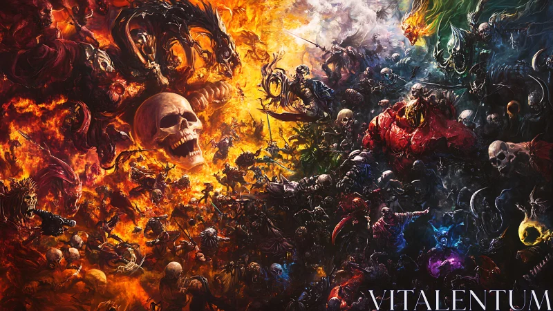 Central figure divides infernal skeletal battle across color fields