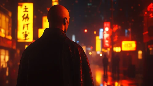 Lone figure in neon soaked alley under glowing kanji signs.