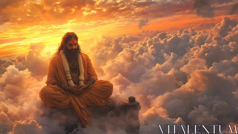 Digital painting of meditative sage above luminous cloudscape.