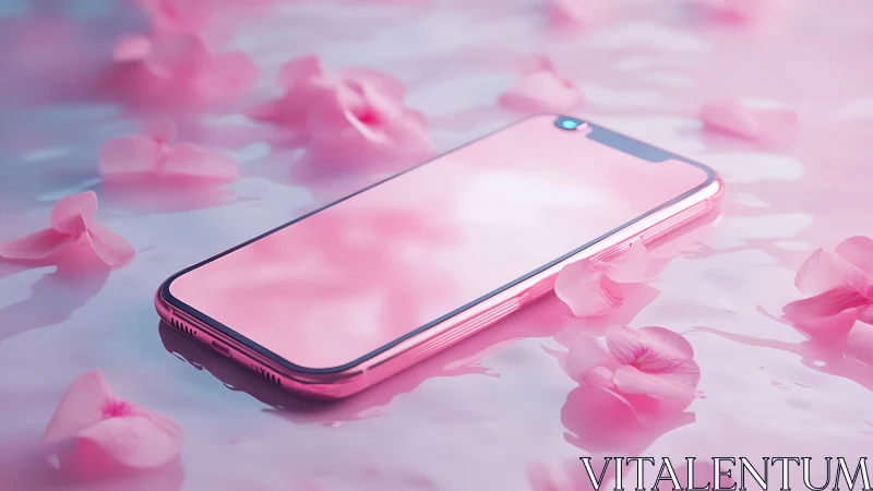 Chromatic smartphone on liquid surface with dispersed petals.